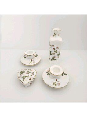 Wedgwood Bone China Wild Strawberry 2 Candlestick 1 Mini Vase 1 Trinket Box